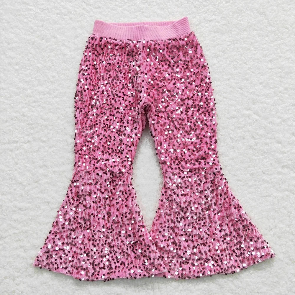 Wholesale Kid Glitter Clothing Baby Girl Toddler Sequins Green Color Soft Comfortable Children Lining Bell Bottoms Pants