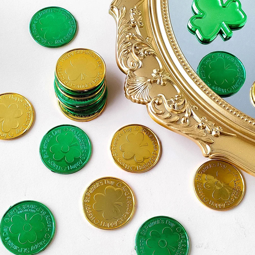 40/60pcs St. Patrick's Day Lucky Coin Plastic Shamrock Gold Green Coin Toys Treasure Irish Holiday Party Decoration Kids Gifts