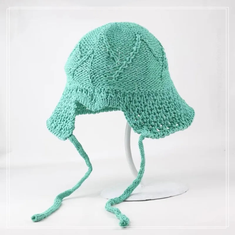 Green Color Sun Beach Straw Hat Seaside Sunshade After Sunscreen Split Strap Hollow Summer Bucket Hat