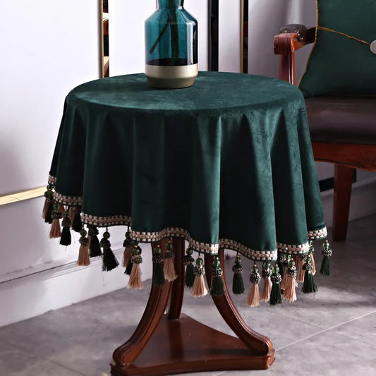 Green Velvet Round Tablecloth Tassels for Party, Kitchen Fabric Table Cover, Solid Color Coffee Dining Table Decor, Europe