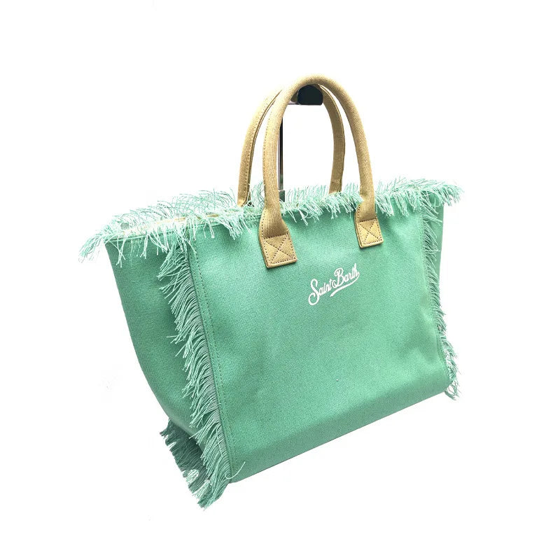 New Green Solid Color Women's Handbag, Women's Large Capacity Canvas Tassel Design Handbag, Women's Zipper Shoulder Bag