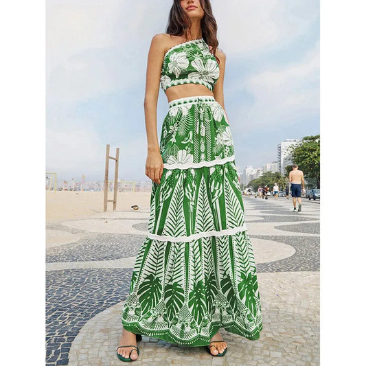 Green Printed Sexy One Sholuder Swimsuit and Skirt High Waist Bikini Chiffon Elastic Elastic Beach Skirt Trendy Elegant 2023