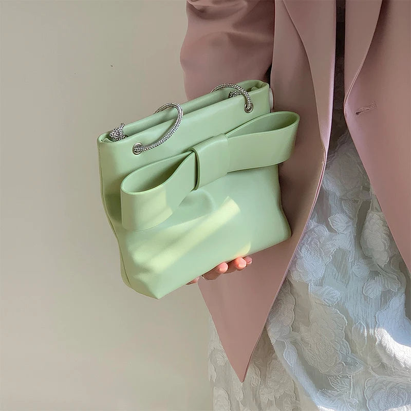 Handbag  Light Green PU Bow Bucket Bag European American Fashion Chain Single Shoulder Crossbody Bag