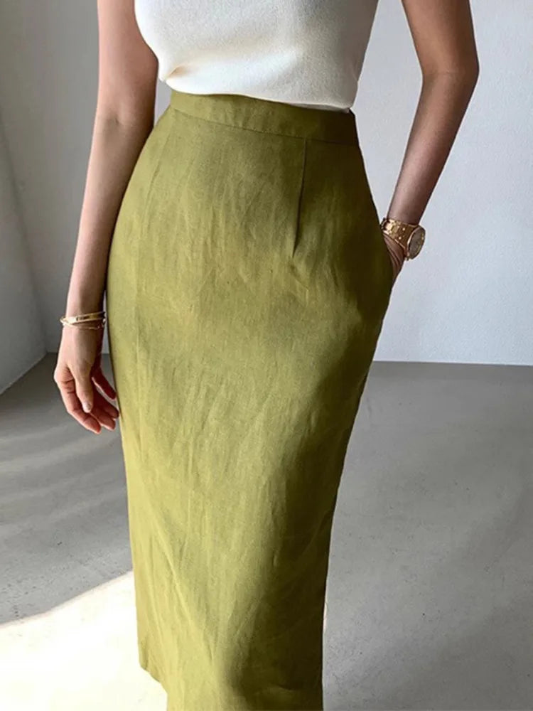 Temperament Versatile Solid Color Green High Waist Buttocks Wrapped Long Skirt For Women 2024 Summer slim skirts