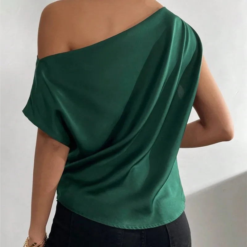 Elegant Off Shoulder Green Shirt 2024 Women's Summer New Fashion Versatile Oblique Collar Pinched Pleated Asymmetric Tank Top