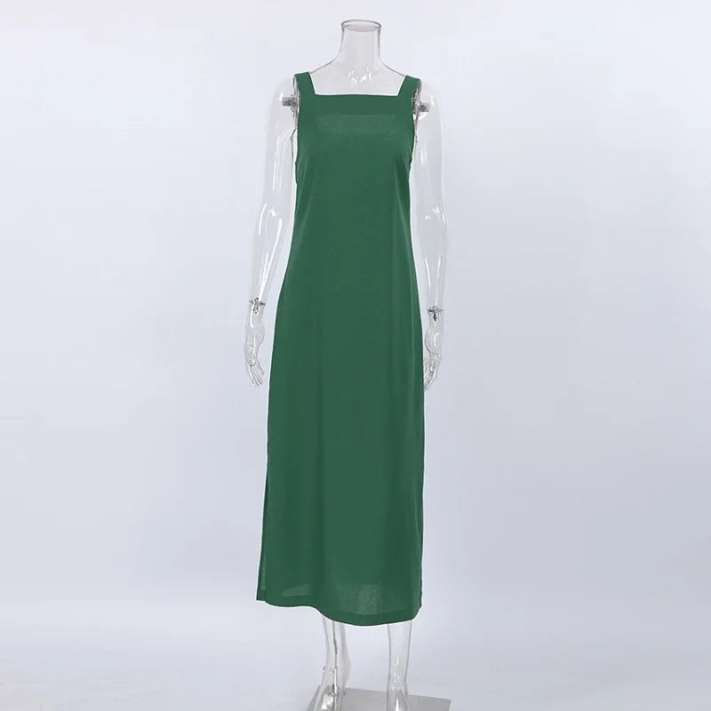 Green Tank Dresses Summer Cotton Linen Sleeveless Straight Split Dress 2023 All-Match Midi Dress Vacation Style Dress Vestidos