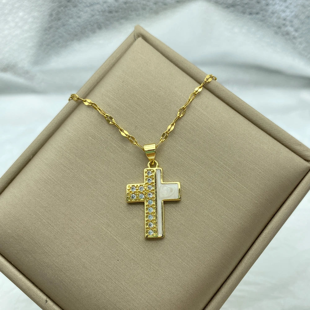 Cross Necklace White Enameled Pendant Stainless Steel Necklace For Women Fashion Steel Jewerly New In Accessories Simple Style