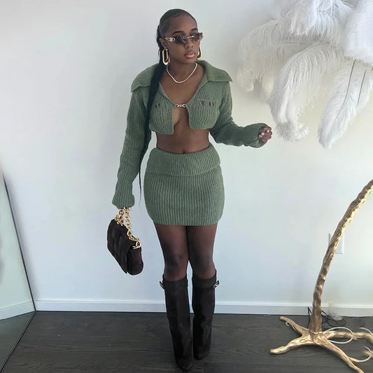 Solid Green Knitted Slim 2 Piece Set Women Autumn Long Sleeve Pockets Metal Chain Crop Top High Waist Mini Skirt Y2k Streetwear