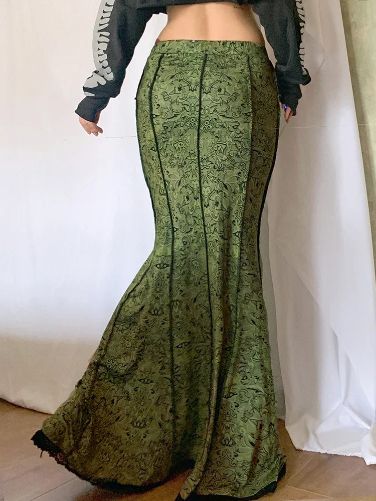 Vintage Fashion Elegant Green Trumpet Long Skirt Graphic Printed Lace Trim  High Waist Skirt Women  Aesthetic