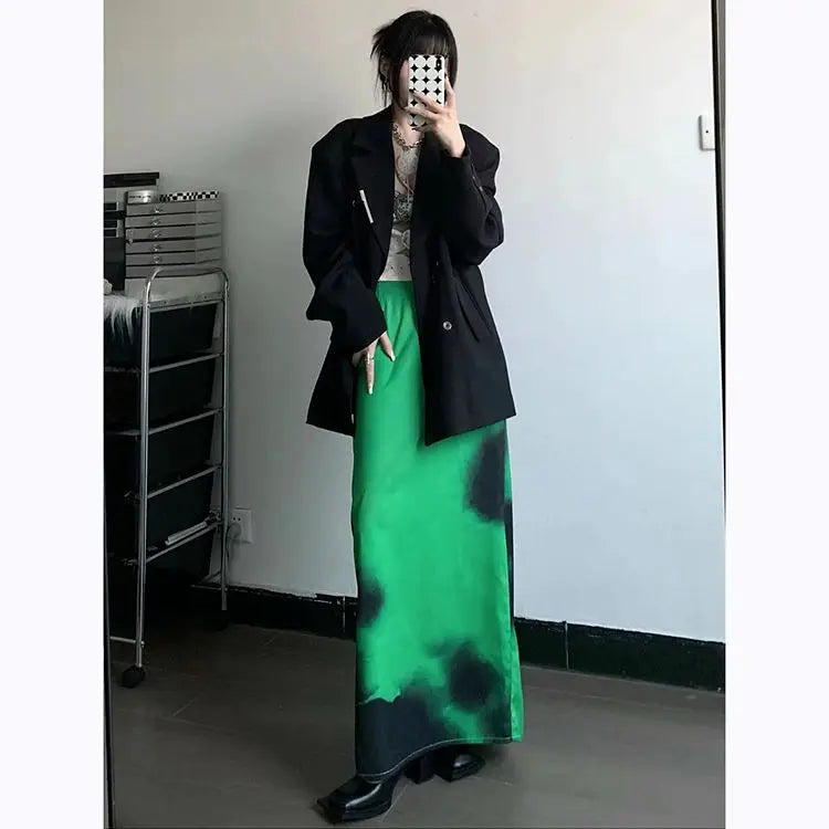 Elastic Waist Black Print Green Maxi Skirt Harajuku Sexy Midi Long Skirts Japanese Street Hippie y2k Clothing punk grunge gothic