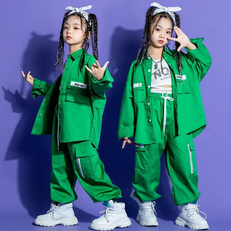 Kids Green Suit Kpop Hip Hop Clothing Solid Color Shirt Top Streetwear Cargo Jogger Shorts Pants Child Girls Jazz Dance Costume