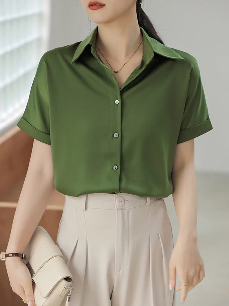 2024 Summer Satin Silky Green Shirts Women Short Sleeve Blouse Shirts Elegant Tops Blusas Femme Office Lady Blouses for Women