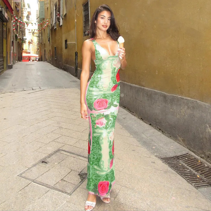 Green Floral Print Long Skirt Women