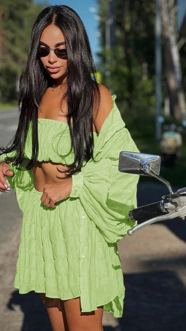 Oymimi Casual Loose Green 3 Piece Sets Women Outfit Fashion Long Sleeve Top + Tube Top Matching High Waist Shorts Set New In