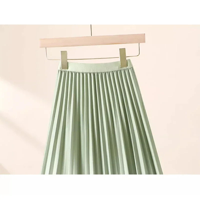 Aesthetic Gradient Midi Long Skirt for Women 2024 New Autumn Korean Elegant A Line High Waist Pleated Skirt Female Green Z416