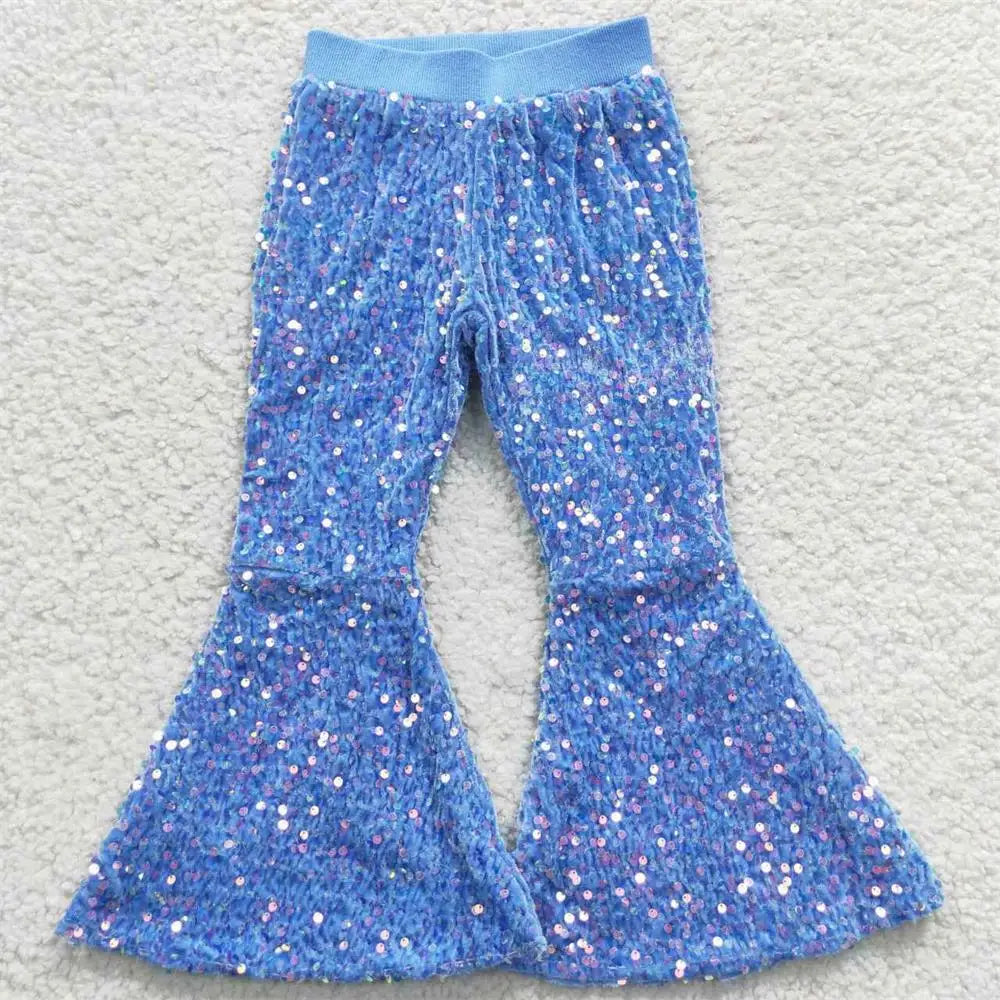 Wholesale Kid Glitter Clothing Baby Girl Toddler Sequins Green Color Soft Comfortable Children Lining Bell Bottoms Pants