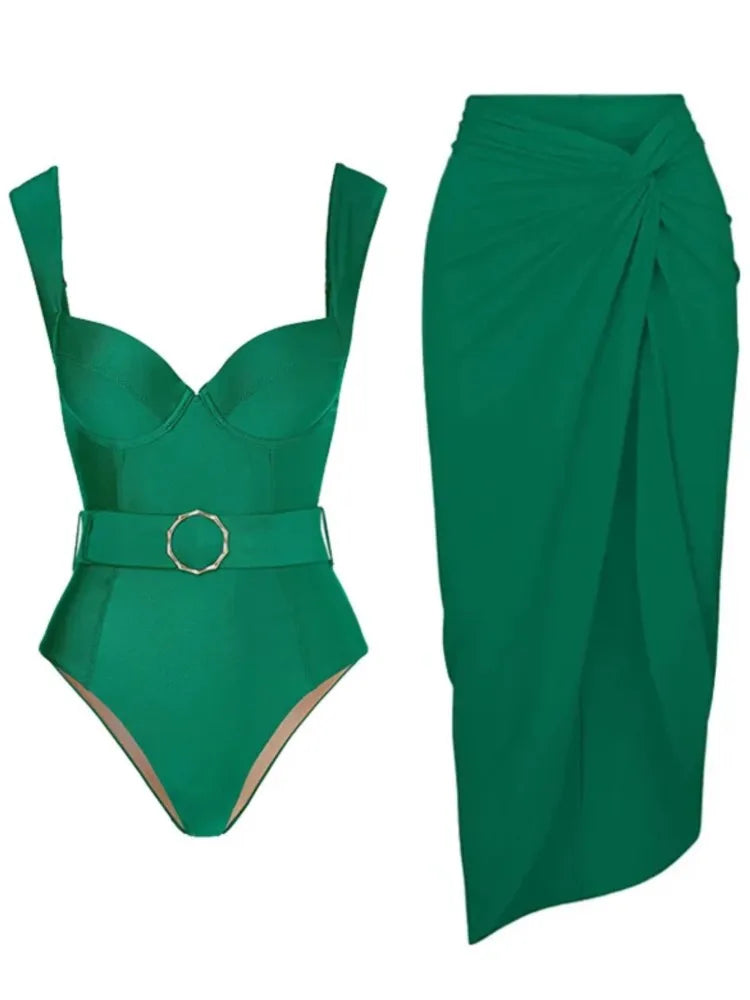 2023 New Summer Sexy Green Solid Color Bikini Bodysuit Women One Piece Swimwear Female Monokini Push Up Backless Swimsuit