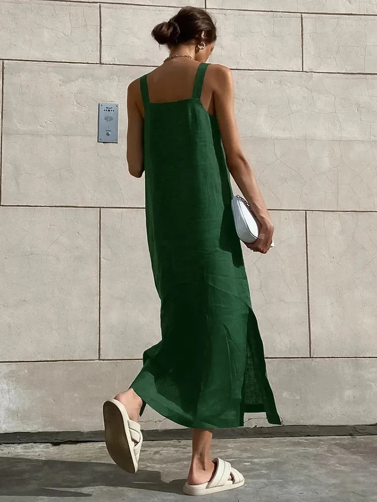 Green Cotton Linen Long Tank Dresses Women Summer Sexy Sleeveless Straight Split Dress Lady All-Match Vacation Style Dress