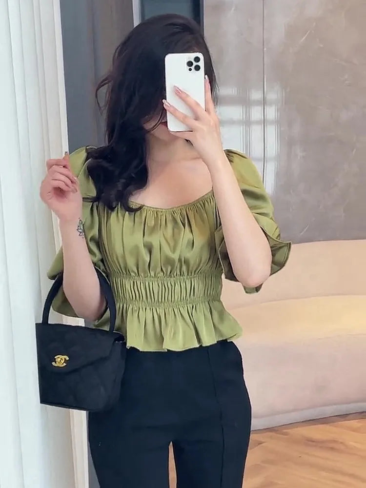 Green Slim Fit Elastic Waist Shirt Women's New Satin Square Neck Bubble Sleeve Mid Sleeve Versatile Short Top Ropa De Mujer