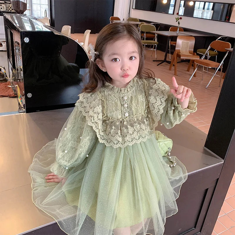 Green children's clothing girl spring dress new patchwork mesh skirt baby princess skirt