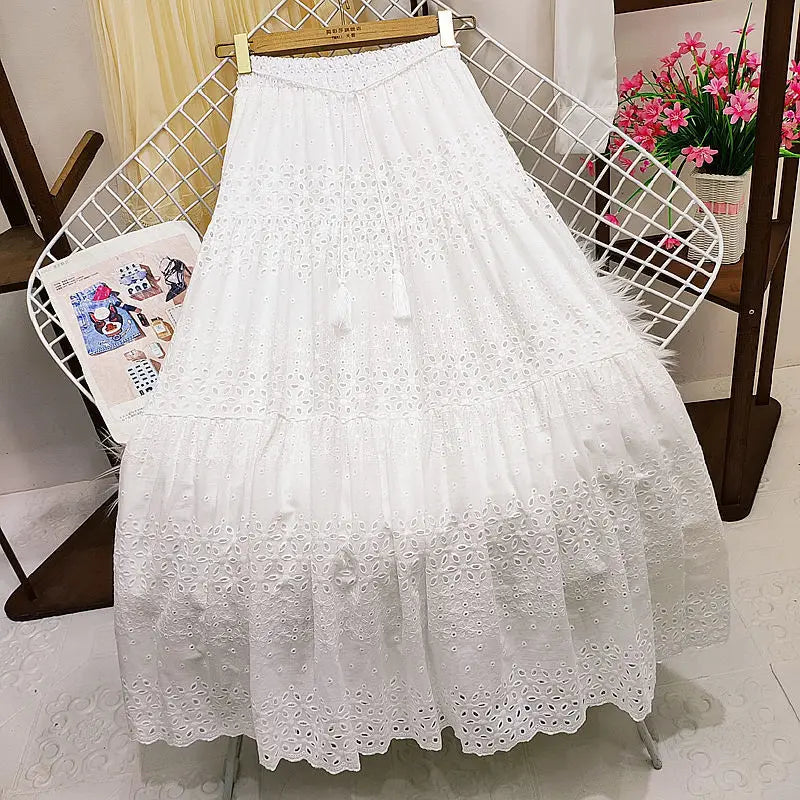 Long Skirts For Women Korean Style Women's Clothing Green White Black Midi Skirts 2024 New Summer Skirt A Line Lace Loose Skirts