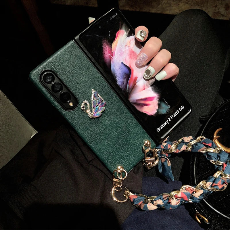 3D Colorful Crystal Swan Phone Case for Samsung Galaxy Z Fold 6 5 4 3 Green PU Leather Cover with Portable Chain, Silk Scarves