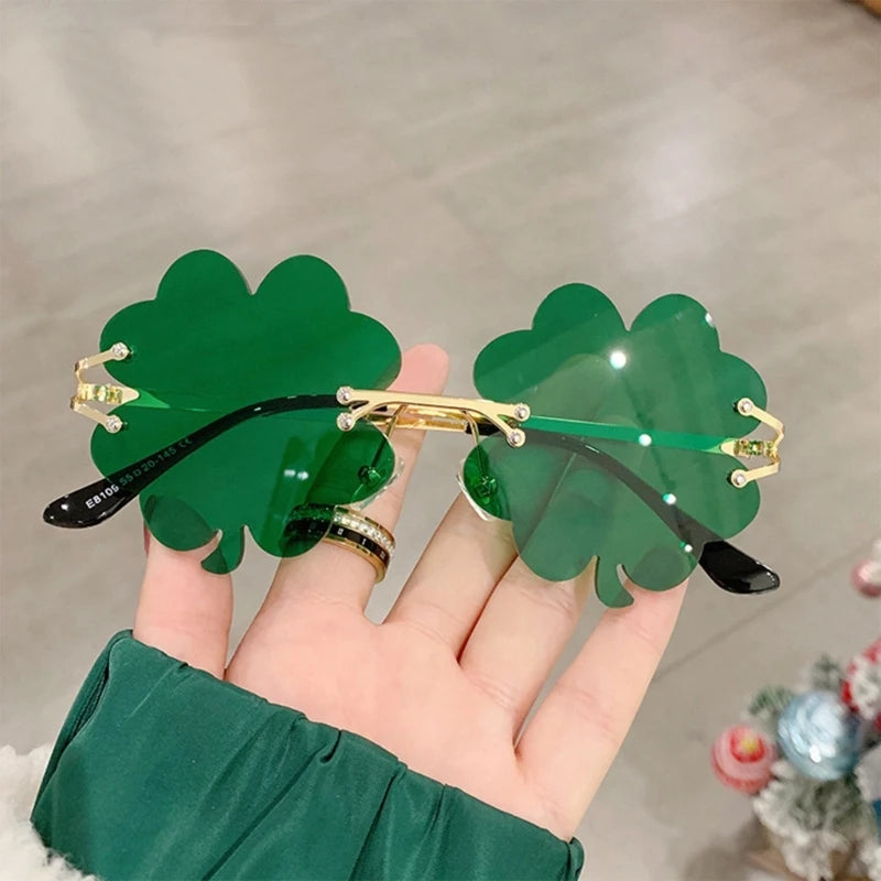 Green Color Irish Clovers Shape Frame Sunglasses Retro Frame Sunglasses Christmas and Carnival Personality Sunglasses