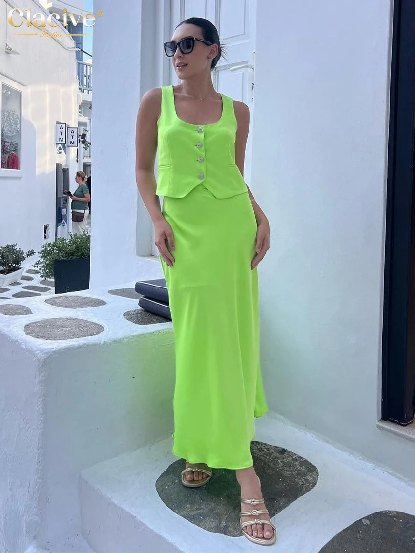 Clacive Summer Slim Green Satin 2 Piece Set Women Outfit 2024 Fashion Sleeveless Tank Top With High Waist Long Skirts Set Female