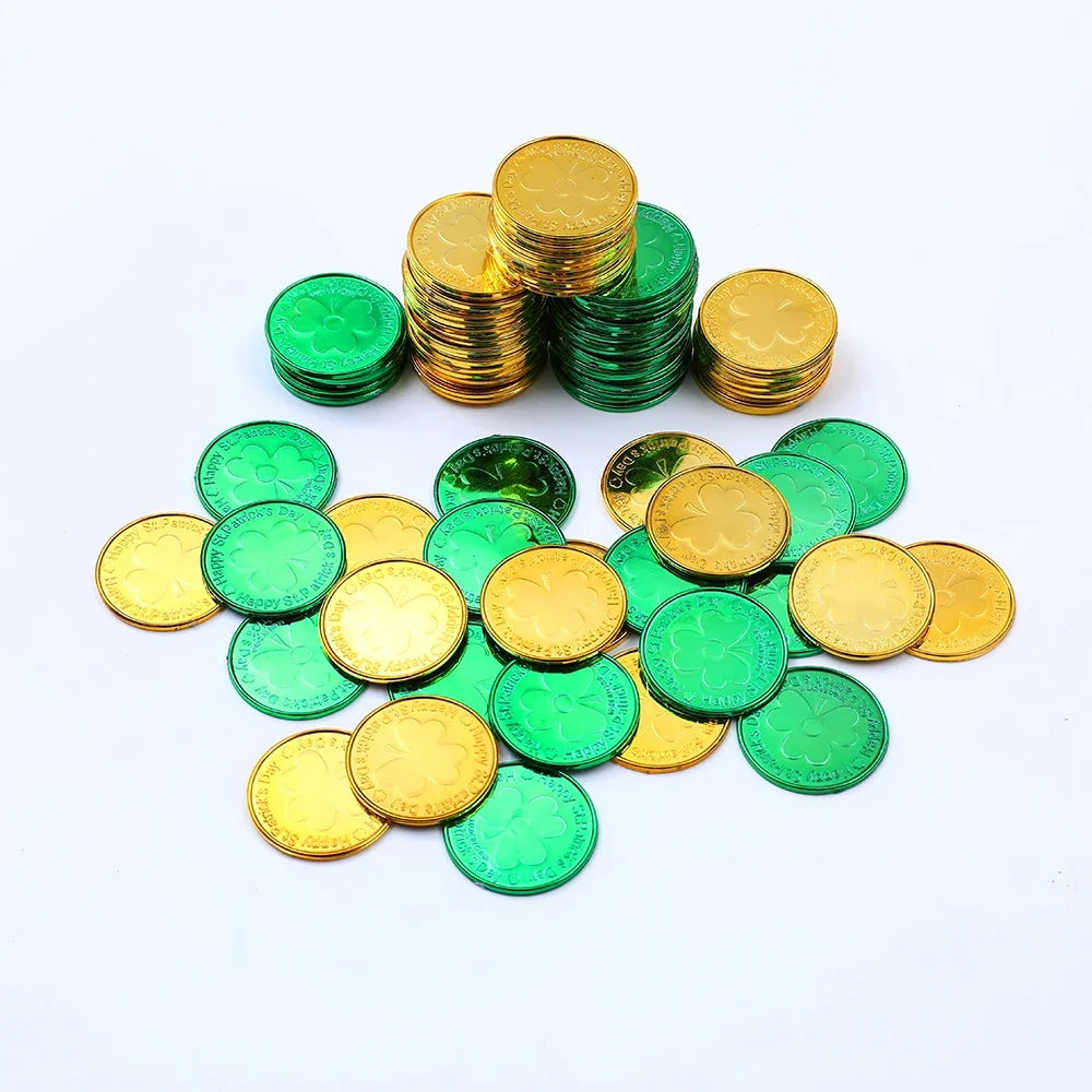 40/60pcs St. Patrick's Day Lucky Coin Plastic Shamrock Gold Green Coin Toys Treasure Irish Holiday Party Decoration Kids Gifts