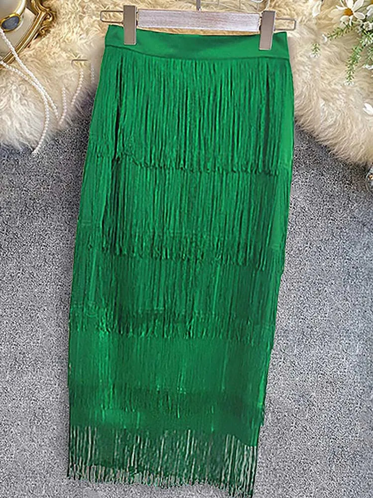 Green Fringe Bodycon Pencil Skirts Tassel High Waist Women Stretch Sheath Midi Length Ladies Slim Jupe Saias faldas