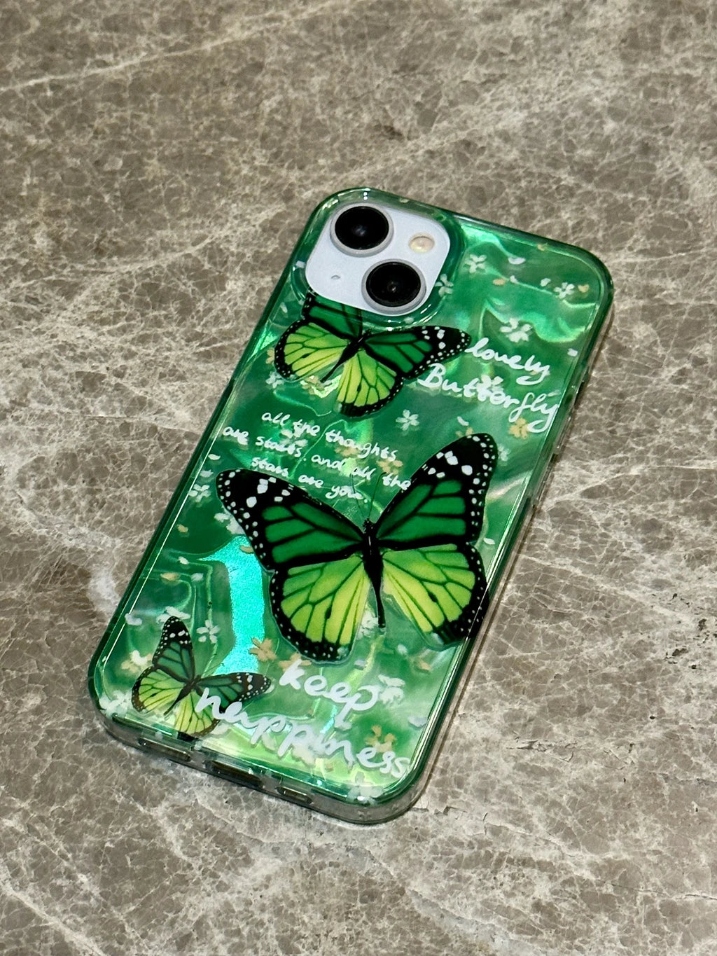 Stylish Illusory Color Ripple Beautiful Green Butterfly Flower Letter Phone Cover Case For iPhone 15 14 13 12 11 Pro Max