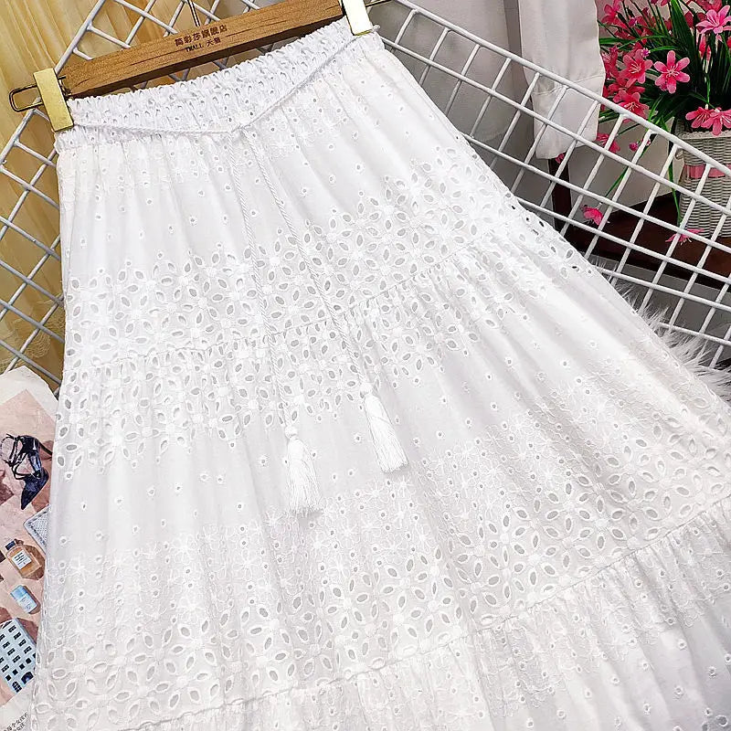 Long Skirts For Women Korean Style Women's Clothing Green White Black Midi Skirts 2024 New Summer Skirt A Line Lace Loose Skirts