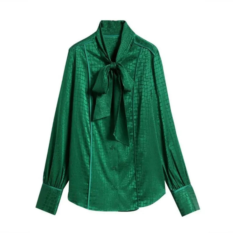 Bow Tie Cardigan Blouses Ladies Shirt Green Check Print Top For Women Long Sleeve Button Up Basice OL Satin Blusas Female Shirt