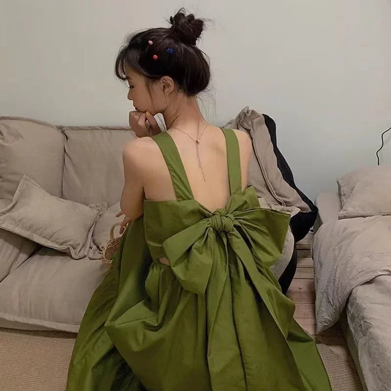 Fashion Green Dresses Summer Sling Sweet Kawaii Dress Backless Bow Tie Lace Up Long Robe Clothe Women Korean Vestiods