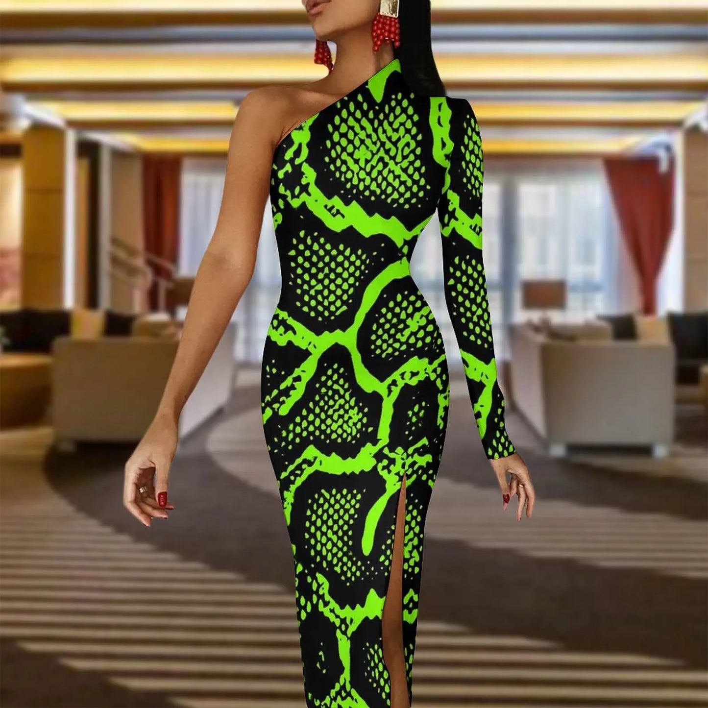 Green Snakeskin Bodycon Dress Ladies Python Skin Print Club Maxi Dress One Shoulder Party Design Dresses Birthday Gift