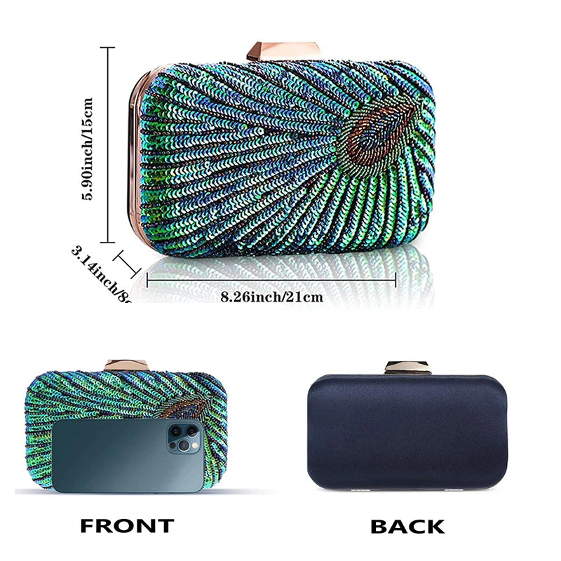 Green Peacock Beaded Sequin Evening Bags for Women Envelope Party Wedding Bridal Formal Shoulder Bags for Ladies