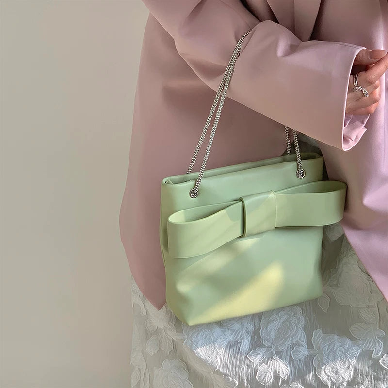 Handbag  Light Green PU Bow Bucket Bag European American Fashion Chain Single Shoulder Crossbody Bag