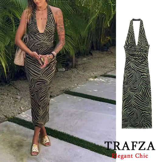 TRAFZA Elegant Green Print Mesh Dress Women Neck-mounted Dress New 2024 Summer Fashion Midi Dress Date Party Evening Beach Dress