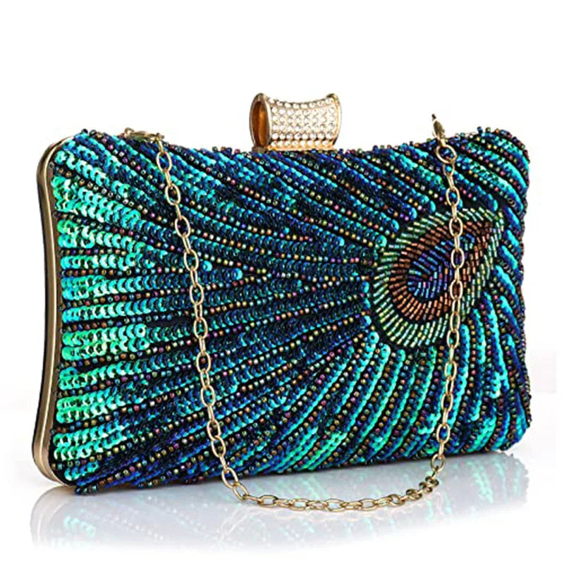 Green Peacock Beaded Sequin Evening Bags for Women Envelope Party Wedding Bridal Formal Shoulder Bags for Ladies