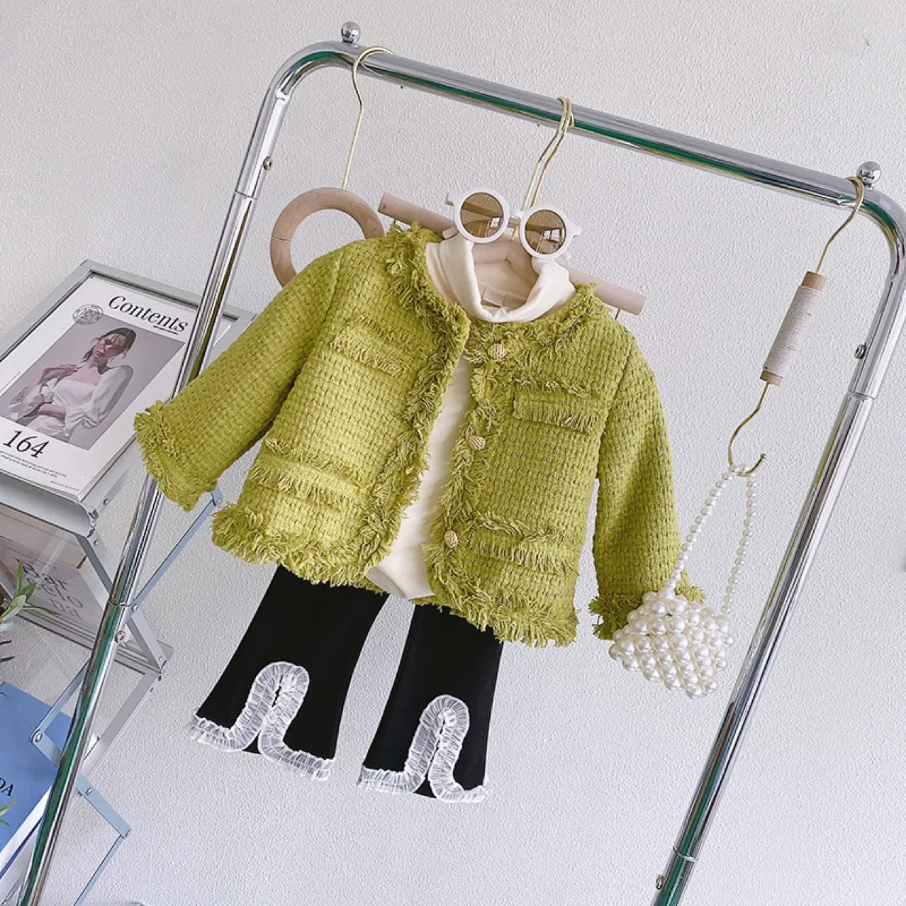 Kids Clothing Jacket Coat Korean 2023 New Autumn Baby Girls Sweet Fashion Tassel Solid Color Single Breasted O-neck Green