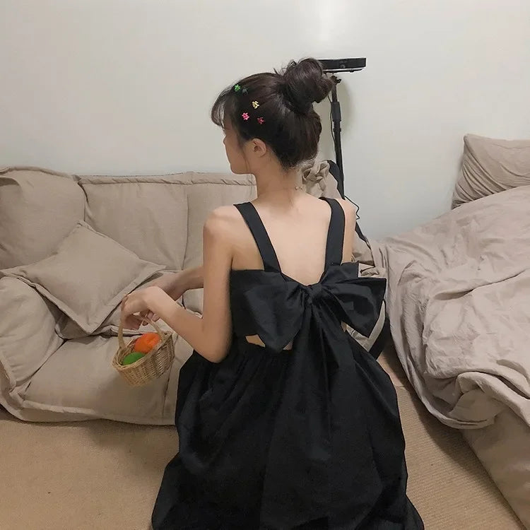 Fashion Green Dresses Summer Sling Sweet Kawaii Dress Backless Bow Tie Lace Up Long Robe Clothe Women Korean Vestiods