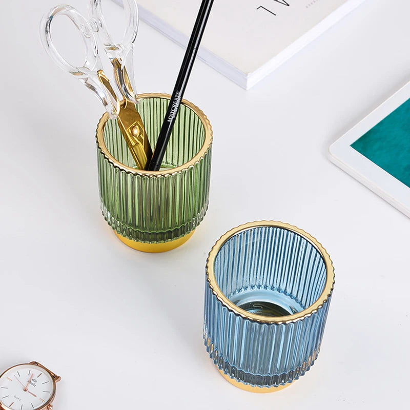 Creative Glass Storage Bucket Dark Green Pen Holder Cup Makeup Brush Container Desktop Flower Vase Organizer For Home Decoration