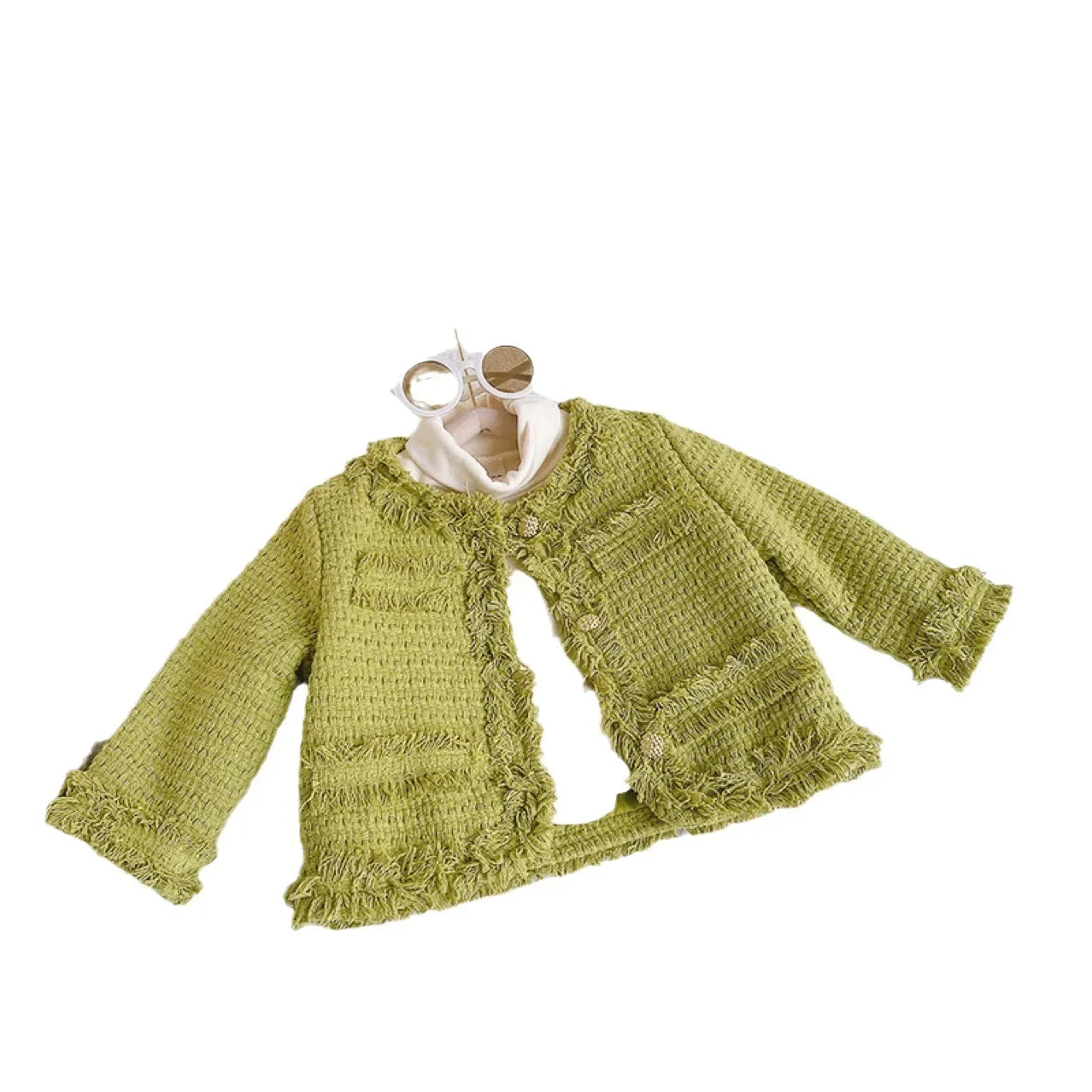 Kids Clothing Jacket Coat Korean 2023 New Autumn Baby Girls Sweet Fashion Tassel Solid Color Single Breasted O-neck Green