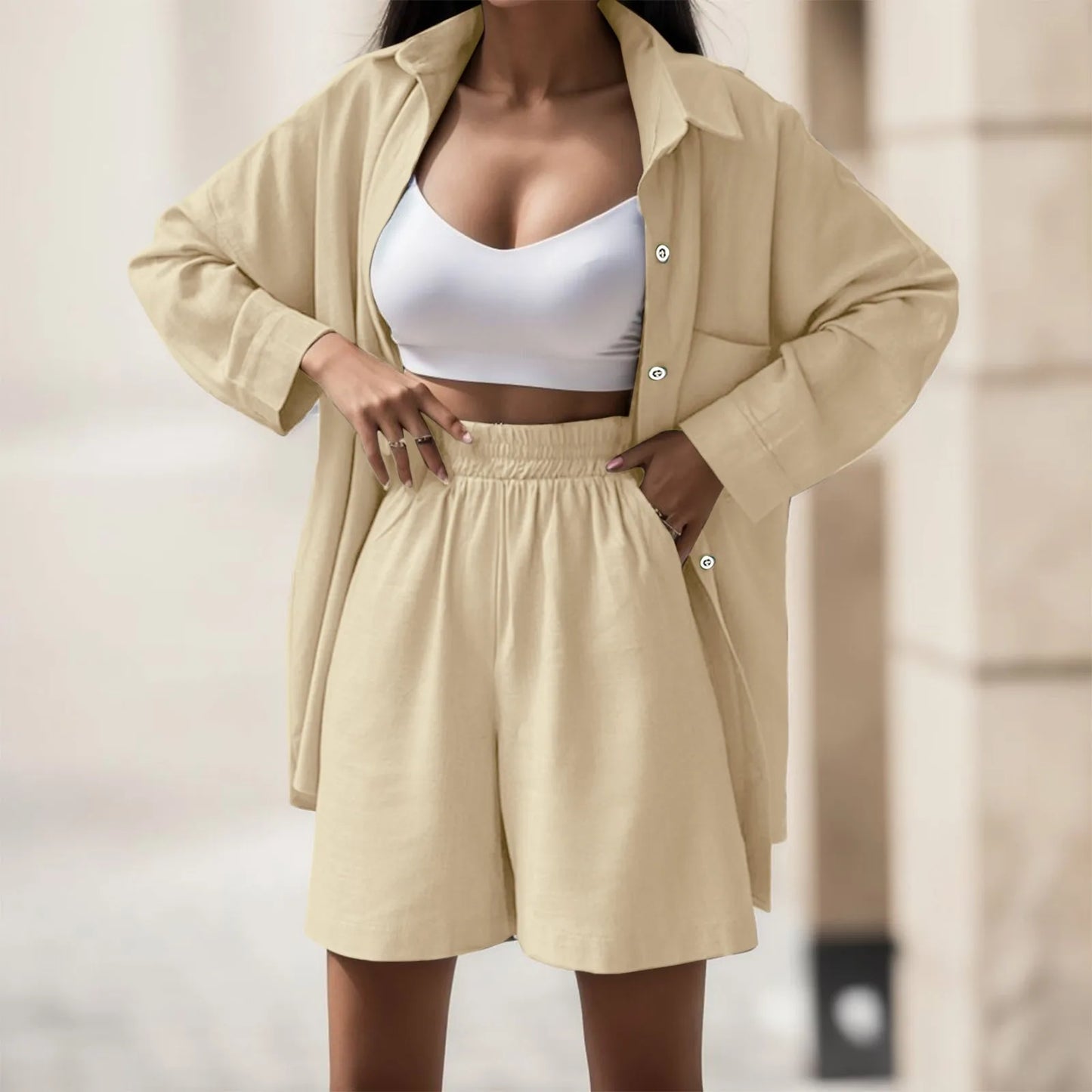 Summer Office High Waist Green Shirt Sets Women Turn Down Collar Long Sleeve Tops And Shorts Suit Cotton Casual Two Piece Sets