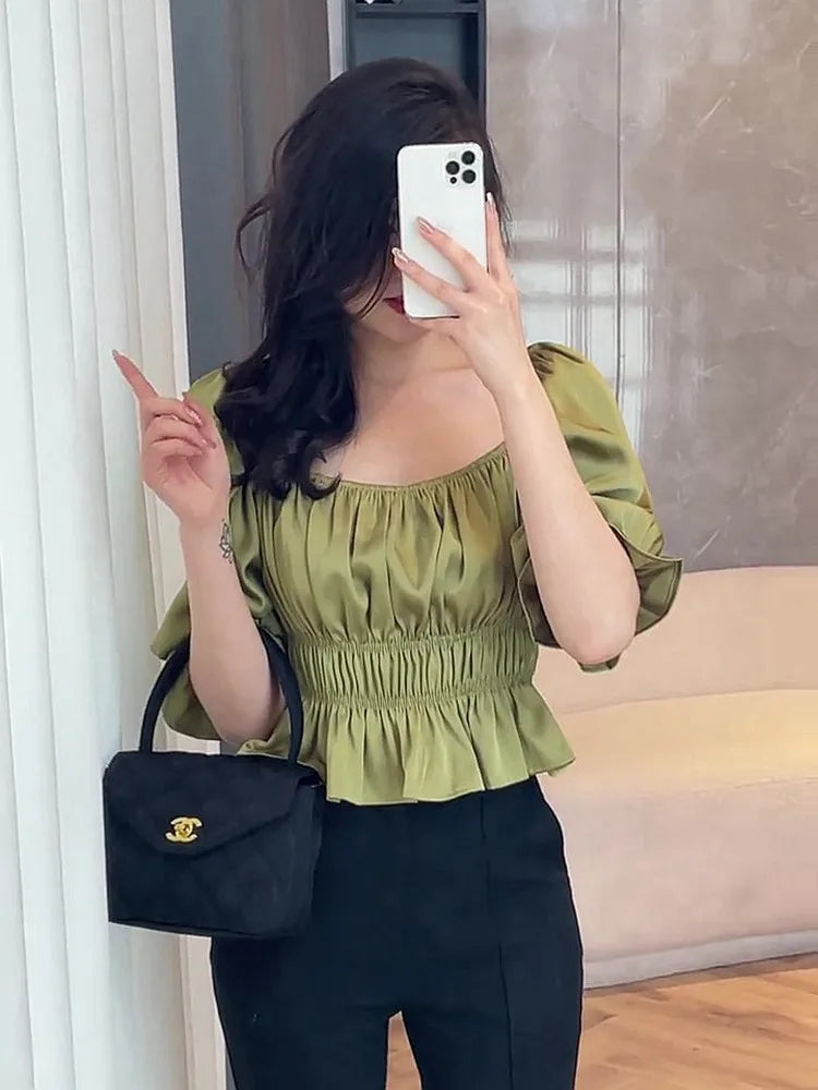 Green Slim Fit Elastic Waist Shirt Women's New Satin Square Neck Bubble Sleeve Mid Sleeve Versatile Short Top Ropa De Mujer