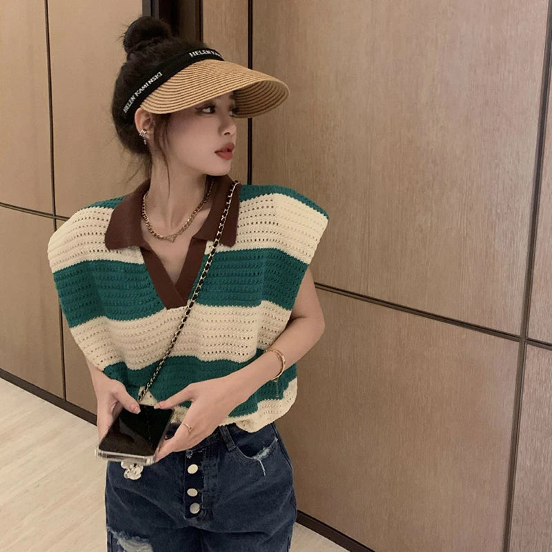 Summer Hollow Out Striped Print Women Polo T Shirts Fashion All-match Casual Harajuku 2xl Oversized Knitted Clothing Green Pink