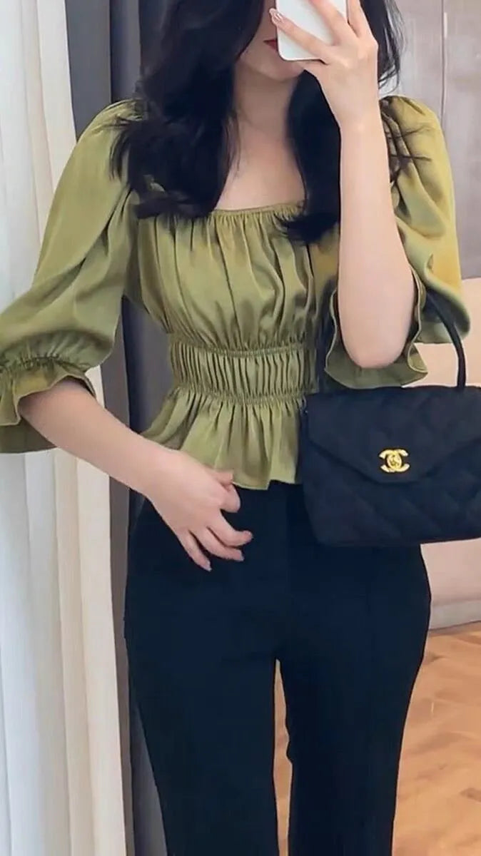 Green Slim Fit Elastic Waist Shirt Women's New Satin Square Neck Bubble Sleeve Mid Sleeve Versatile Short Top Ropa De Mujer