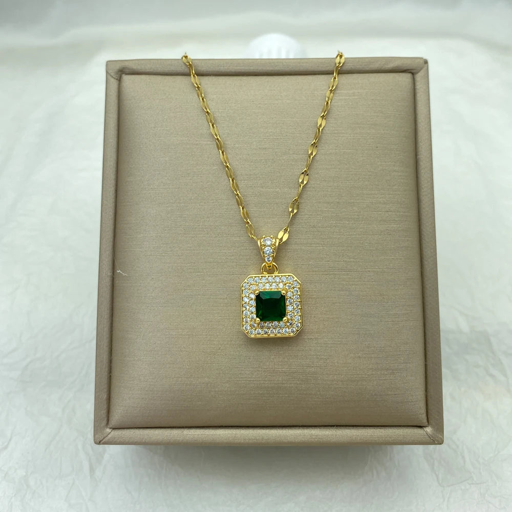 Gold Color Green Square Zircon Pendants Necklace Stainless Steel Necklace For Women New  Fashion Jewerly Steel Necklace  New In