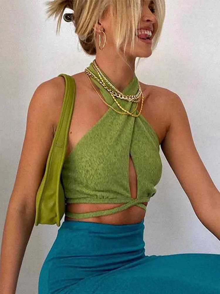 Green Sexy Bandage Halter Crop Tops for Women Sleeveless Backless Club Party Chic Wrap Cropped Top Slim Streetwear