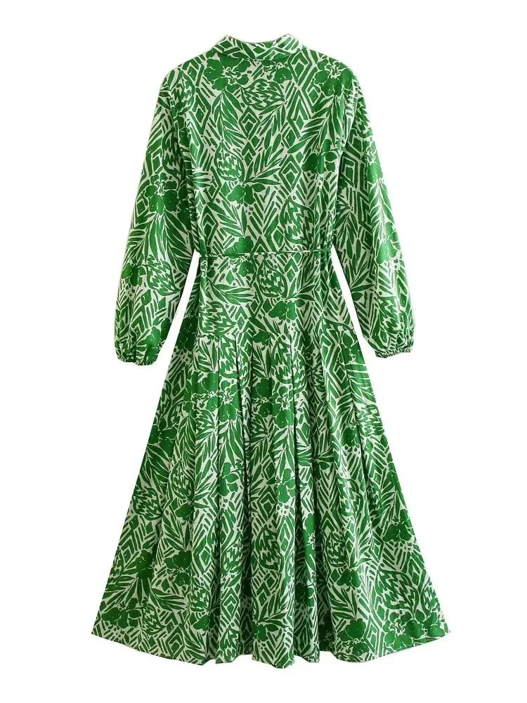 Green Print Long Dress Women Pleated Shirt Dress Woman Long Sleeve Maxi Dresses for Women 2023 Summer Collar Female Dress